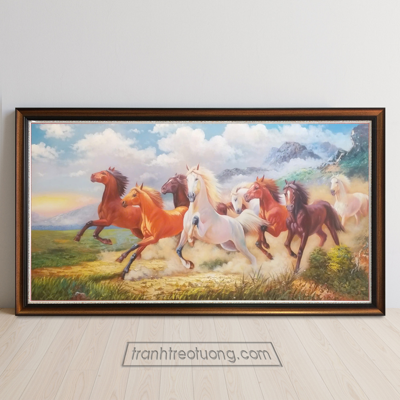 Mẫu tranh bát mã truy phong đẹp ngựa phi tung bụi mịt mờ