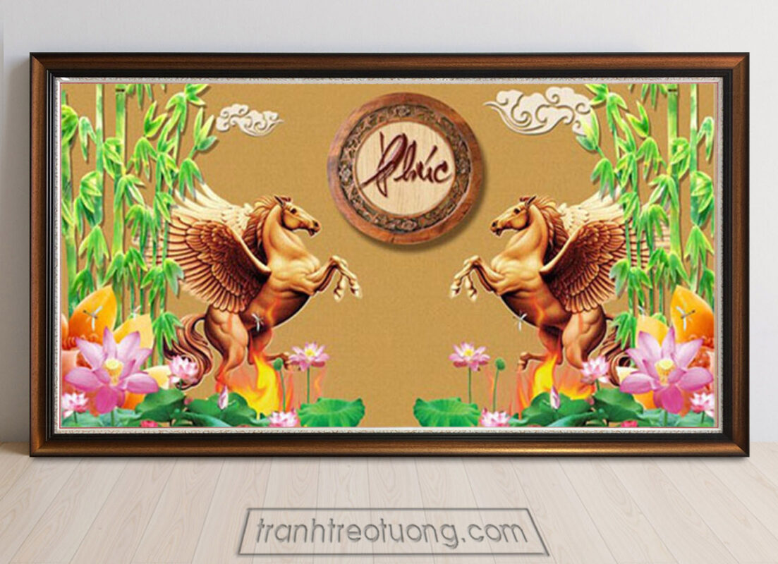 Tranh Song Mã 2 con ngựa và chữ Phúc