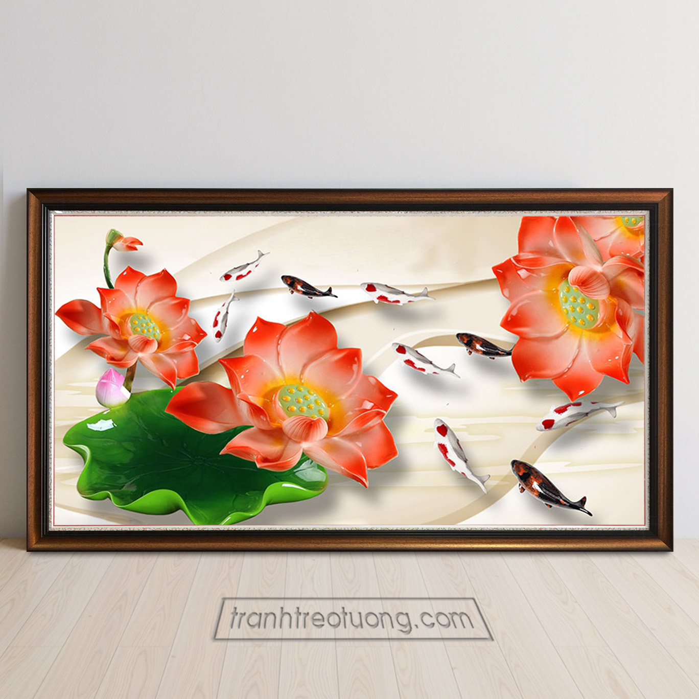 Mẫu tranh cửu ngư quần hội khổ ngang cỡ lớn hình ảnh cá chép hoa sen 3D màu tươi