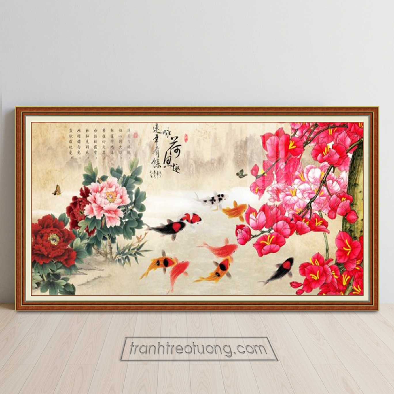 Mẫu tranh cửu ngư quần hội khổ ngang cỡ lớn hình ảnh cá chép và cánh hoa mẫu đơn hoa giấy đỏ