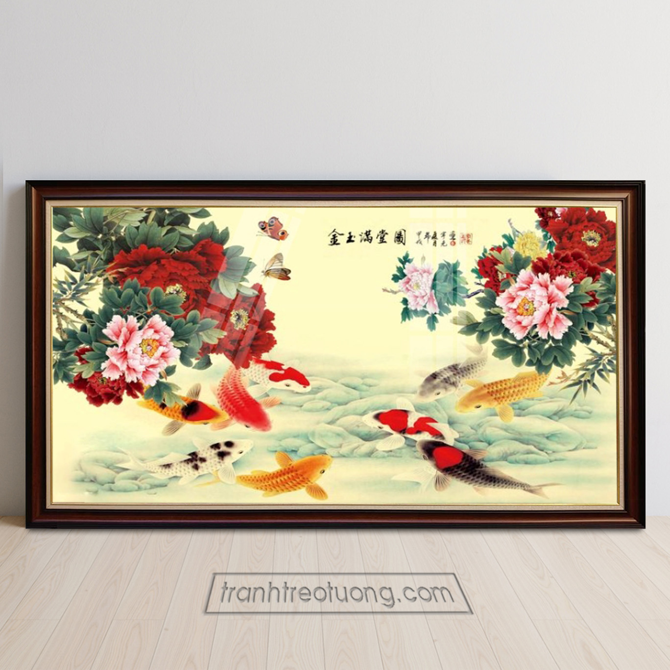 Mẫu tranh cửu ngư quần hội khổ ngang cỡ lớn hình ảnh cá chép và cành hoa mẫu đơn phong thuỷ