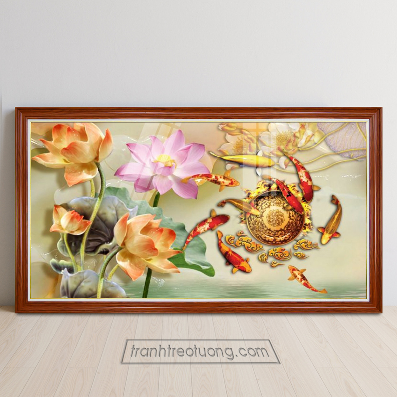 Mẫu tranh cửu ngư quần hội khổ ngang cỡ lớn hình ảnh cá chép và hoa sen nổi 3D đẹp