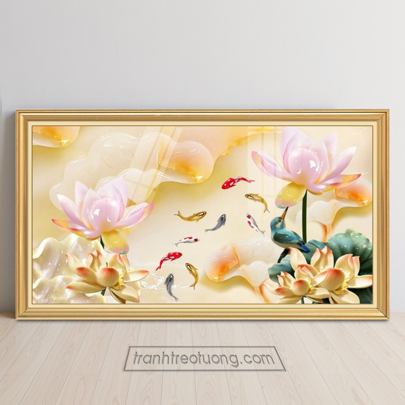 Mẫu tranh cửu ngư quần hội khổ ngang cỡ lớn hình ảnh cá chép và hoa sen 3D nổi