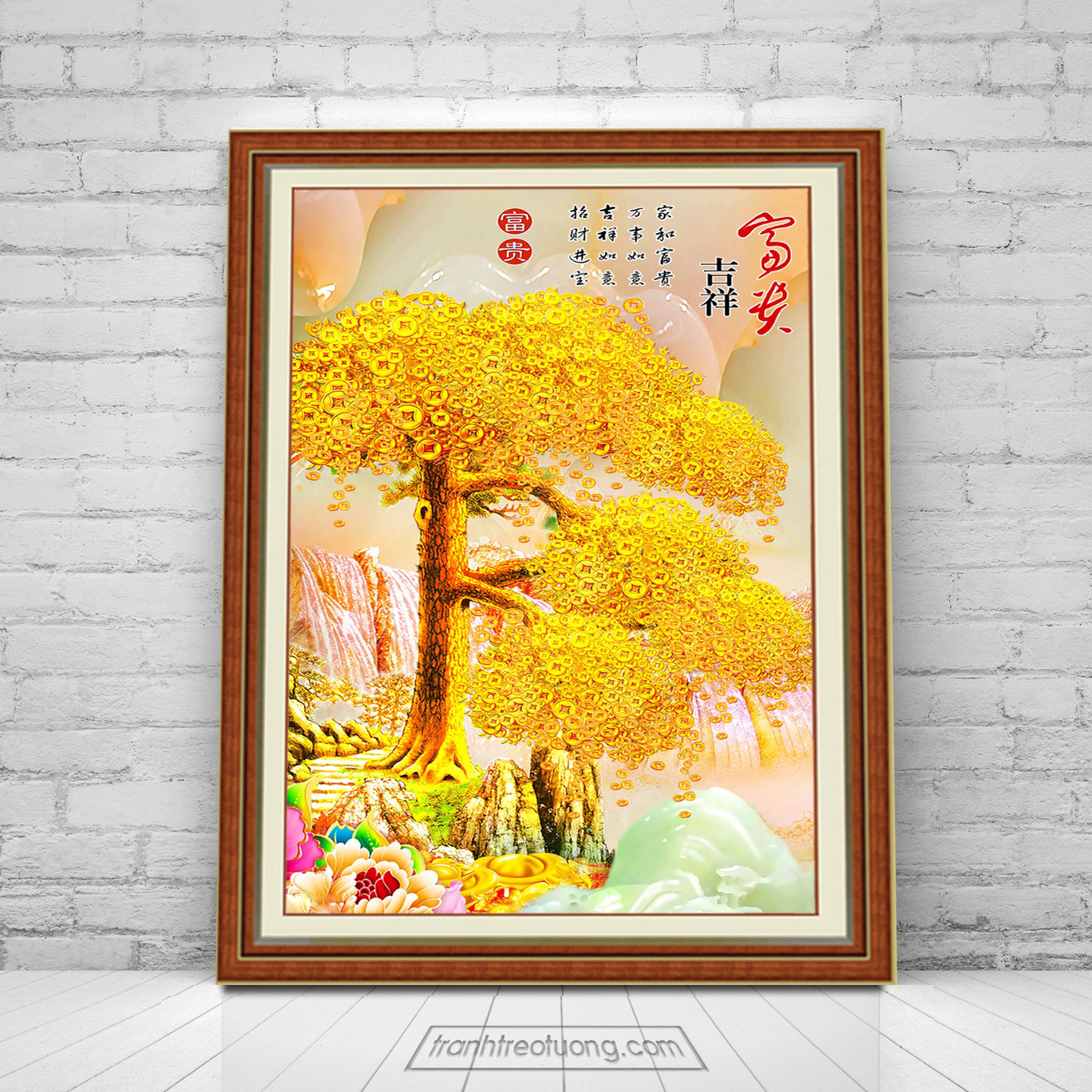 Mẫu tranh treo tường khổ đứng cây thông lá đồng tiền vàng tài lộc
