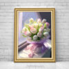 Mẫu tranh treo tường khổ dọc cao hình ảnh bình hoa tulip đẹp đặt bên cửa số nắng chiếu