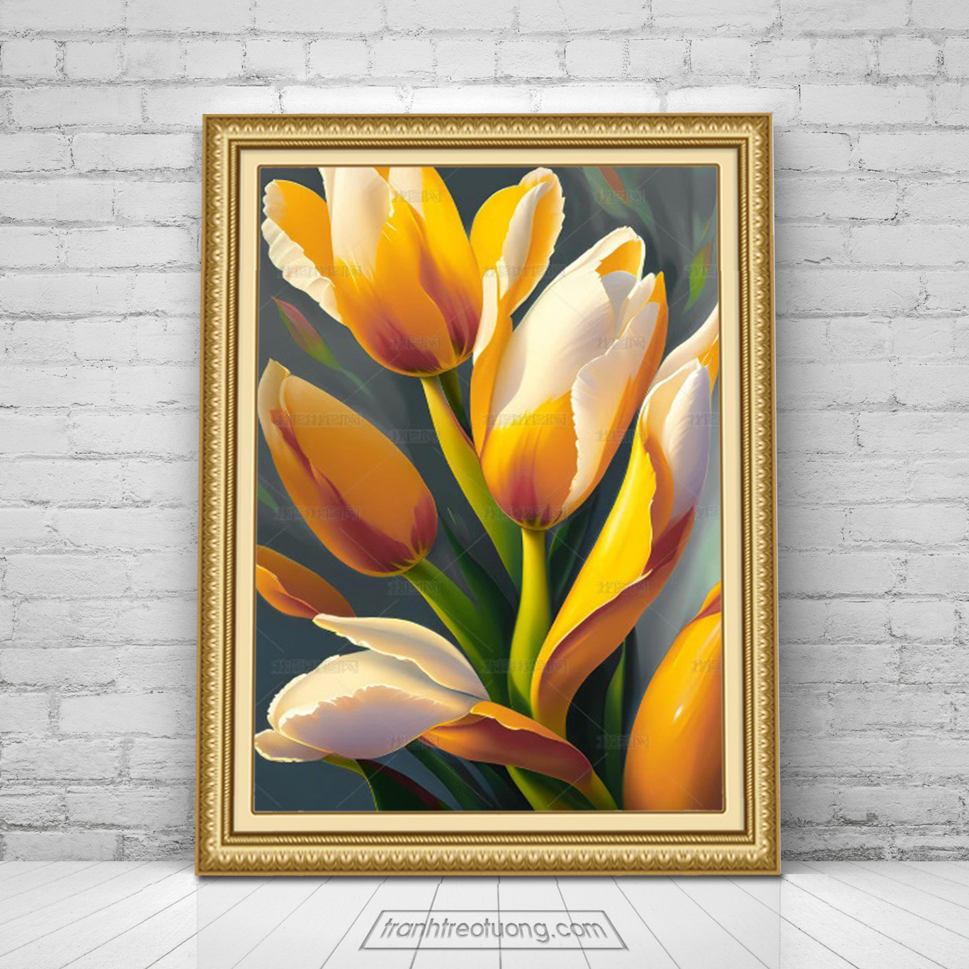 Mẫu tranh treo tường khổ dọc cao những bông hoa tulip đẹp có cánh ngoài màu vàng cam bên trong màu trắng