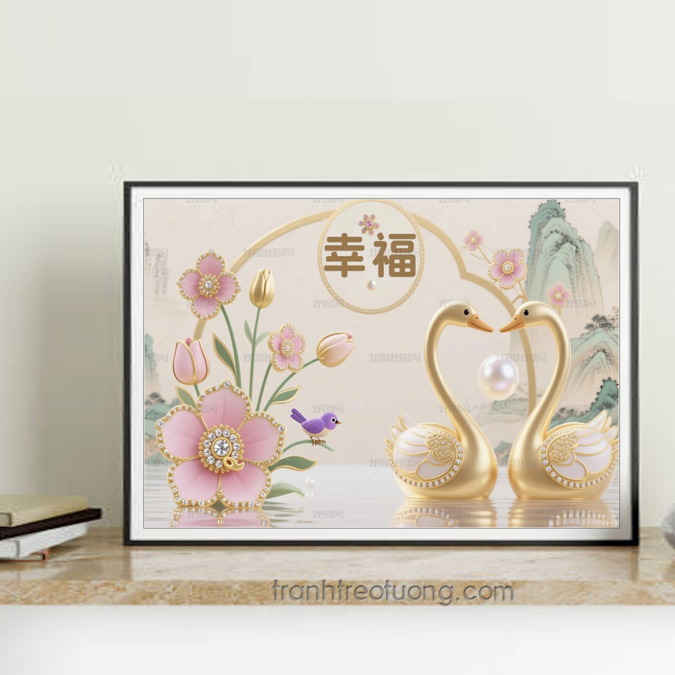 Mẫu tranh treo tường tạo hình đôi thiên nga đẹp và hoa