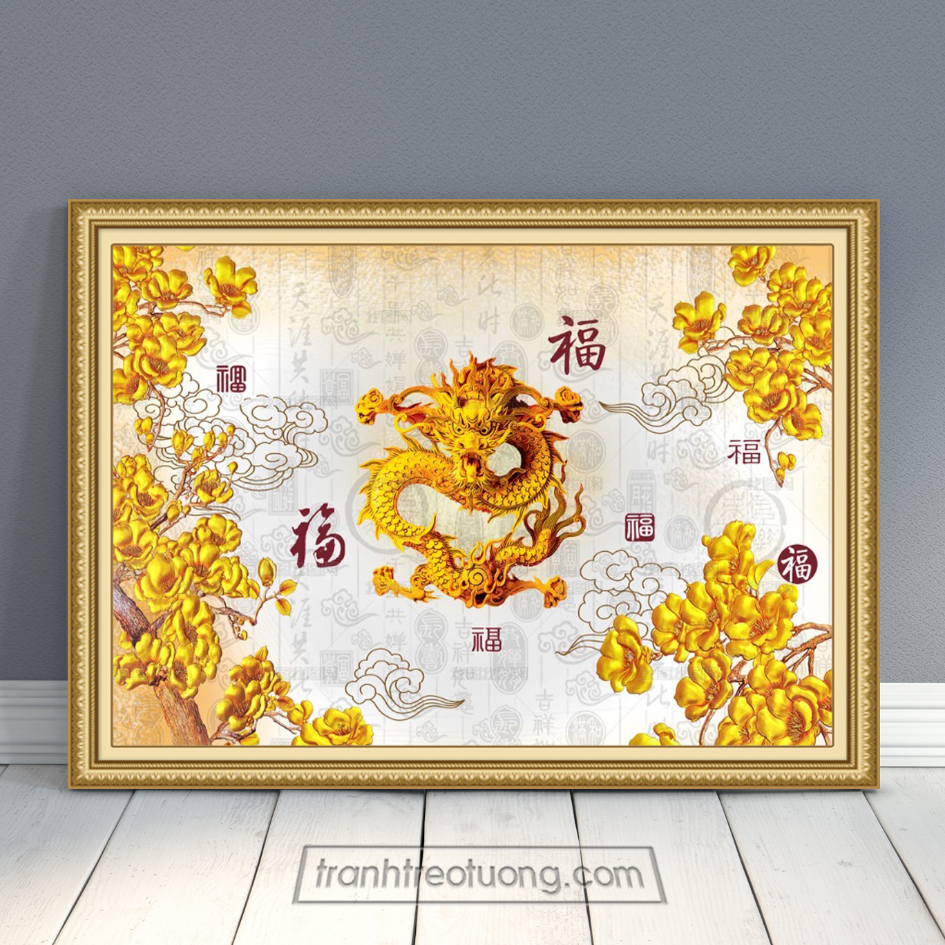 Mẫu tranh treo tường hình ảnh con rồng vàng đẹp và hoa mộc lan vàng