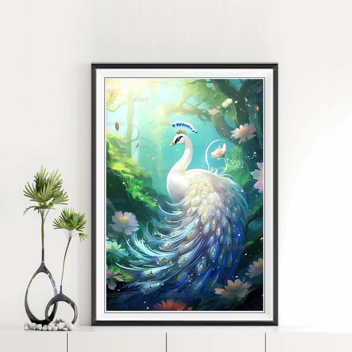 Mẫu tranh treo tường khổ đứng tạo hình con chim công đẹp và nền phong cảnh 3D