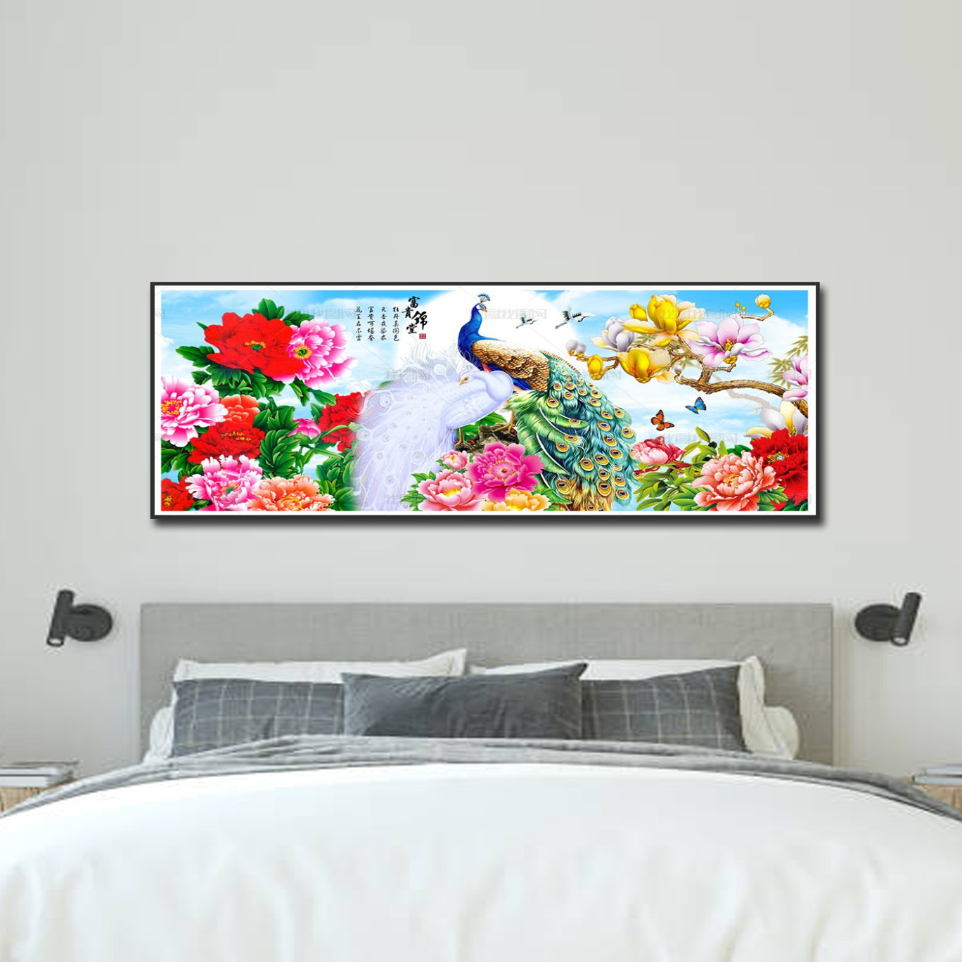 Mẫu tranh treo tường khổ rộng ngang hình ảnh đôi chim công và hoa mẫu đơn hoa mộc lan đẹp