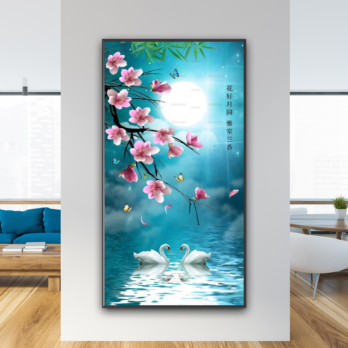 Mẫu tranh treo tường khổ dọc hình ảnh đôi thiên nga trong hồ nước mặt trăng soi bóng và cành hoa mộc lan hồng