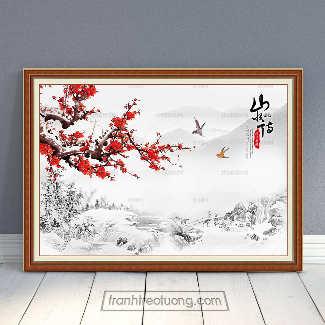 Mẫu tranh treo tường tạo hình cành hoa đào đỏ và phong cảnh núi rừng cây màu đen trắng