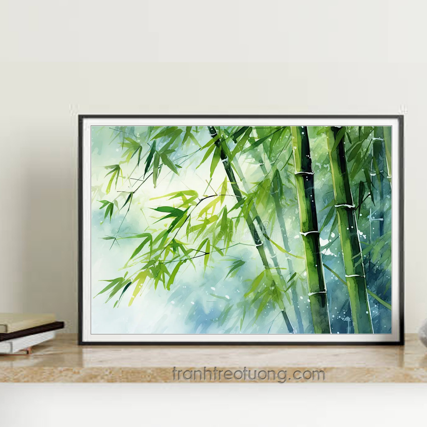 Mẫu tranh treo tường đẹp vẽ tạo hình khóm tre xanh với sương mây mờ ảo nghệ thuật