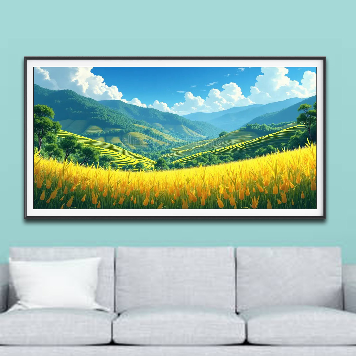 Mẫu tranh ruộng bậc thang đẹp vẽ hình ảnh ruộng lúa chín vàng và núi non mây trắng bầu trời trong xanh