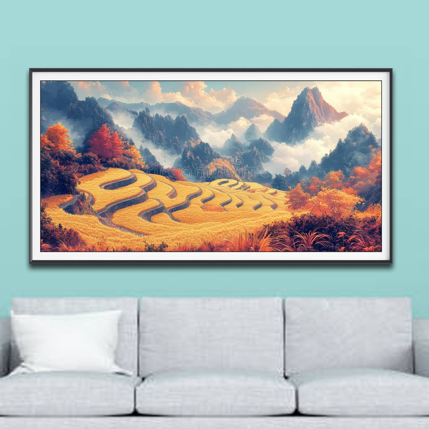 Mẫu tranh treo tường phong cảnh ruộng bậc thang lúa chín và cây rừng ửng sắc vàng cam ấm áp cùng núi non mây trắng