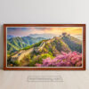 Mẫu tranh treo tường Vạn lý trường thành trên núi đẹp và cây đào nở hoa rực sắc hồng