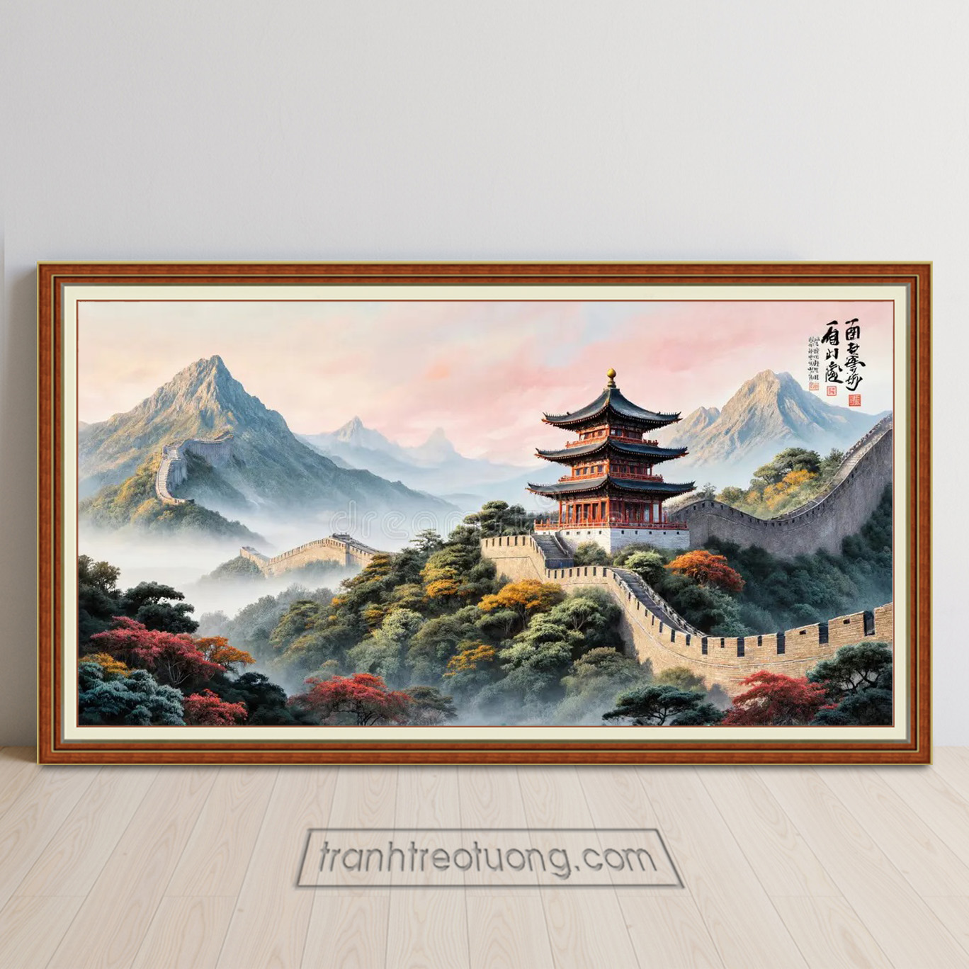 Mẫu tranh treo tường Vạn lý trường thành và ngọn tháp cao trên núi đẹp