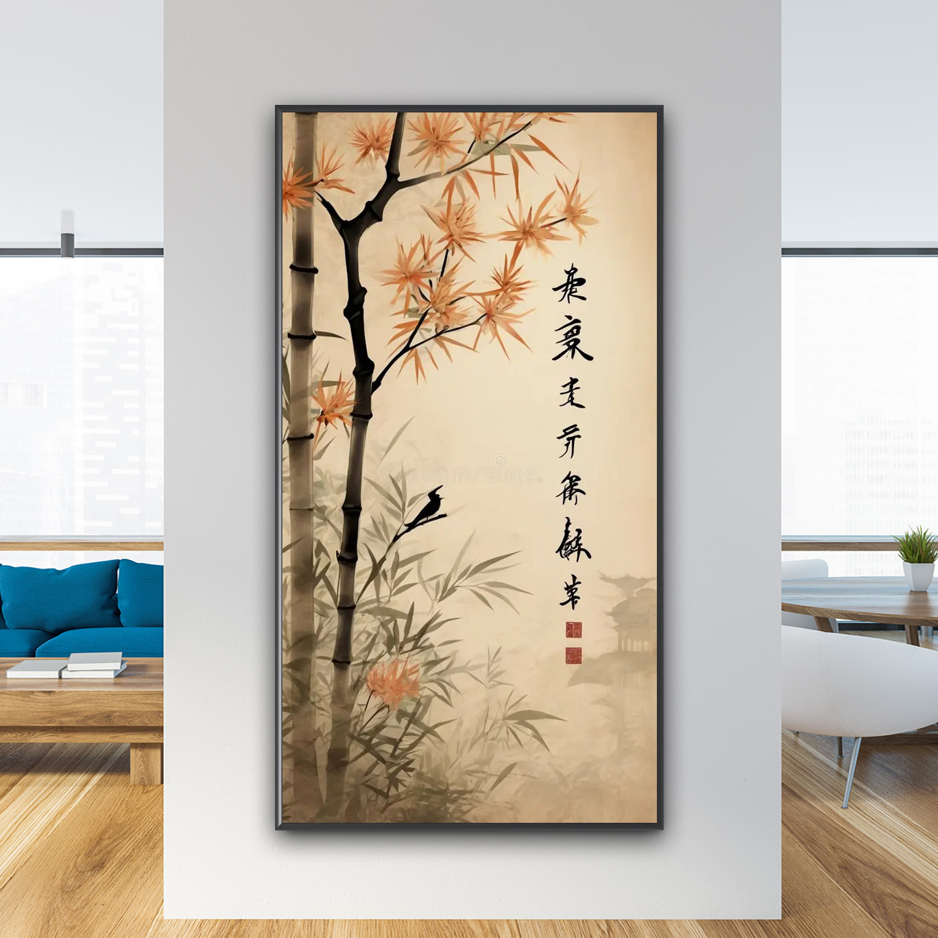 Tranh treo tường khổ dọc cao đẹp hình ảnh khóm tre nở hoa mờ ảo trong sương mây