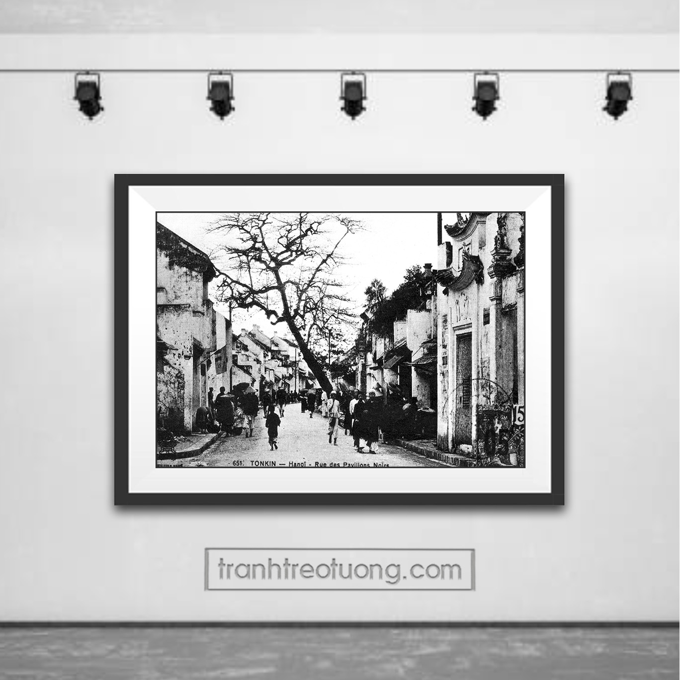 Mẫu tranh Hà Nội xưa đen trắng khung cảnh đường phố cổ ngày xưa
