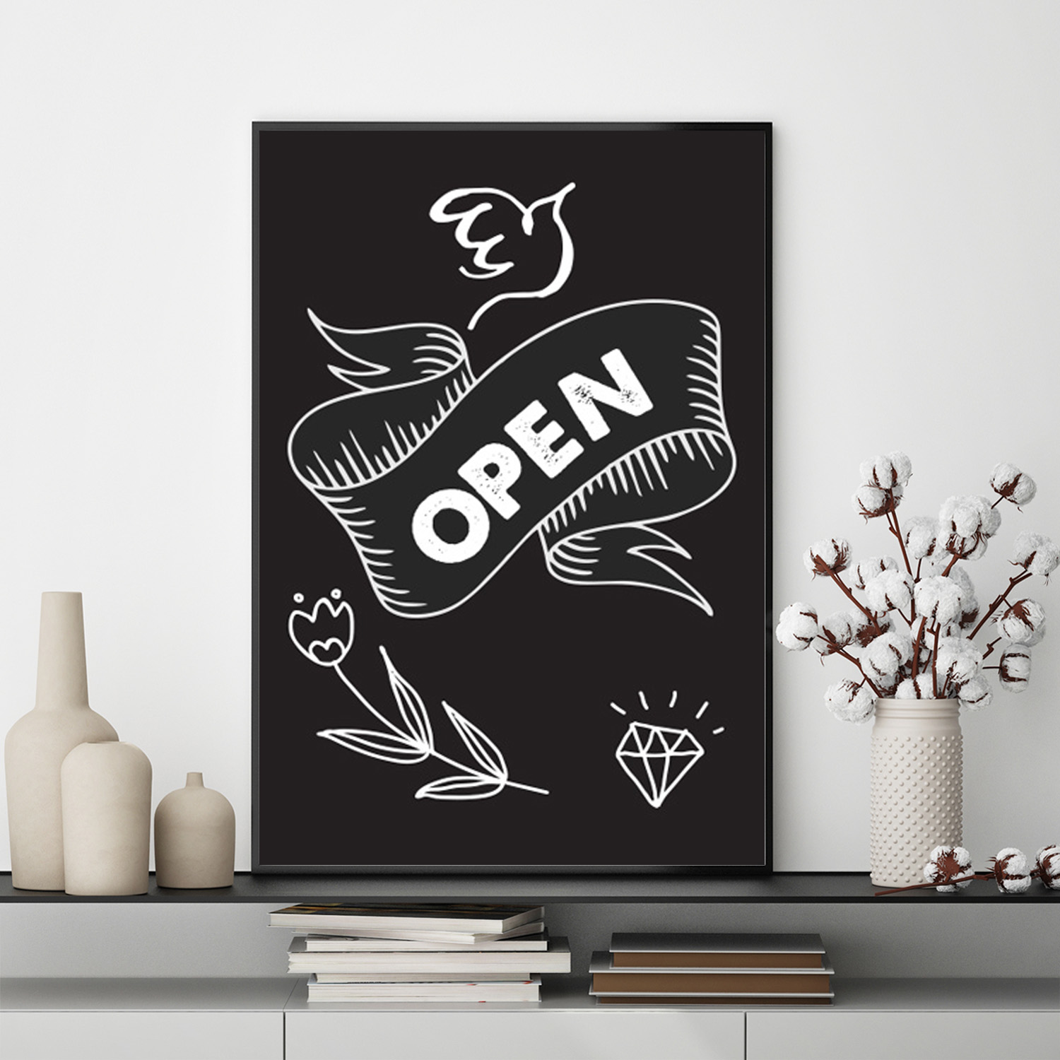 Mẫu tranh slogan tiếng Anh: OPEN