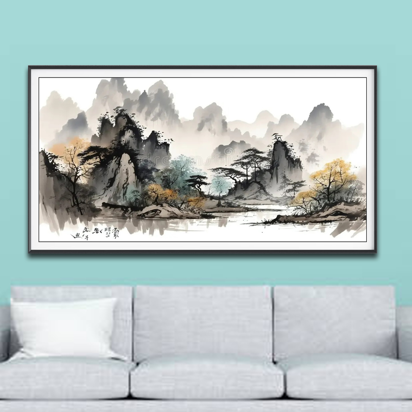 Mẫu tranh thuỷ mặc đẹp vẽ phong cảnh núi non sông nước và cây cối màu đen trắng phối sắc vàng nhạt