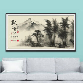 Mẫu tranh thuỷ mặc đẹp phong cảnh núi non và bản làng dưới những khóm tre