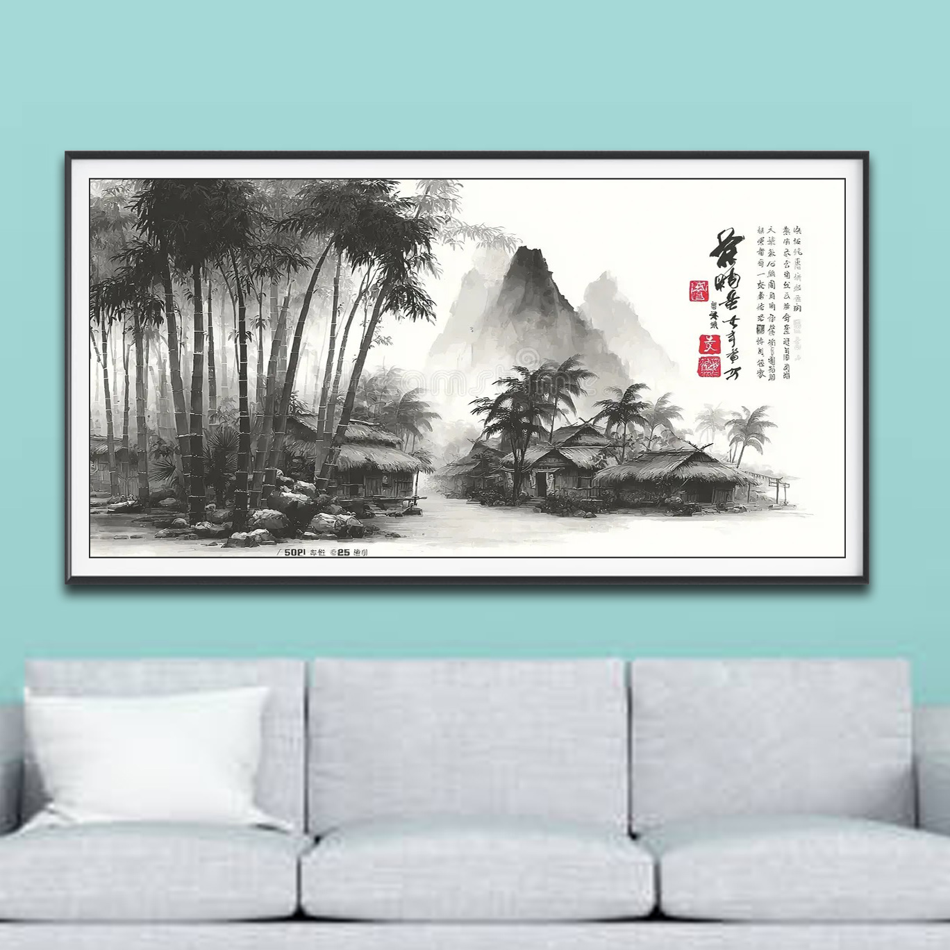 Mẫu tranh thuỷ mặc đẹp hình ảnh bản làng dưới những khóm tre xanh và cây dừa