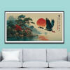 Mẫu tranh thuỷ mặc đẹp phong cảnh sông nước mặt trời và con chim bay