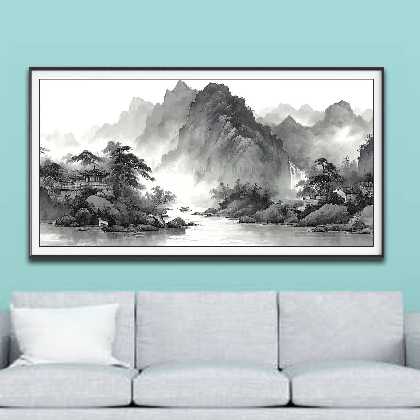 Mẫu tranh thuỷ mặc đẹp phong cảnh núi non sông nước và làng quê bên sông