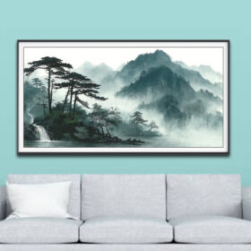 Mẫu tranh thuỷ mặc đẹp phong cảnh núi non mờ sương mây và dòng sông thác nước chảy