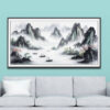 Mẫu tranh thuỷ mặc đẹp vẽ phong cảnh núi non sông nước thuyền đò