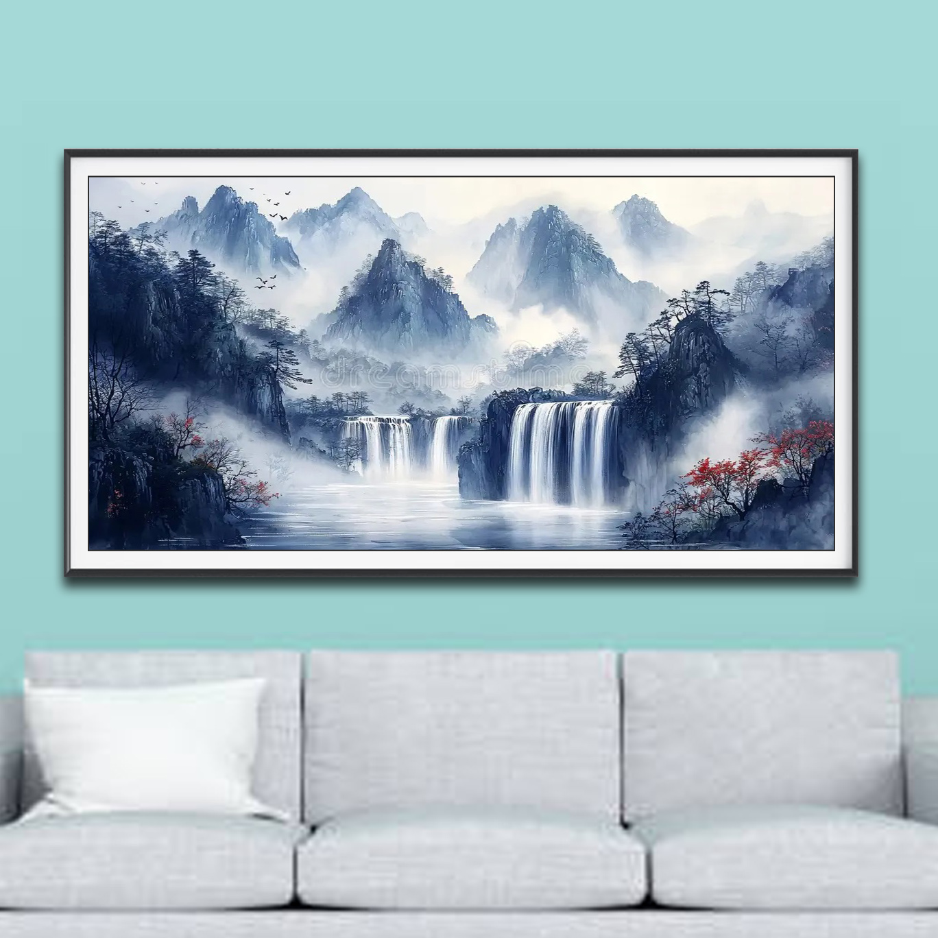 Mẫu tranh thuỷ mặc đẹp phong cảnh thác nước và núi rừng mờ ảo trong mây trắng bồng bềnh