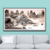 Mẫu tranh thuỷ mặc đẹp màu đen trắng phong cảnh núi non sông nước thuyền đò và trẻ em chăn trâu câu cá