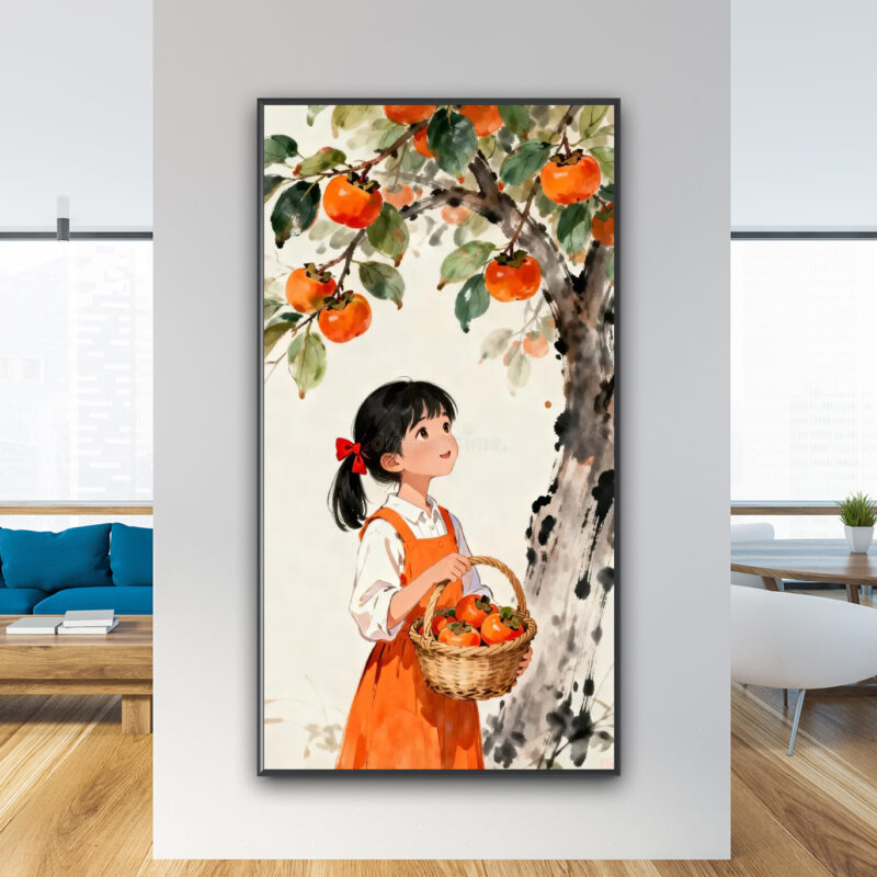 Mẫu tranh treo tường đẹp vẽ hình ảnh bé gái cầm giỏ quả hồng đứng dưới cây hồng sai trĩu quả chín