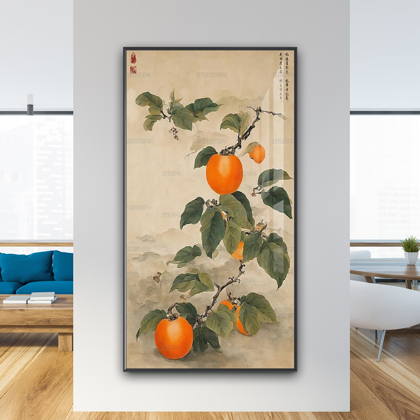 Mẫu tranh treo tường khổ dọc vẽ cành hồng quả chín đẹp với kiểu vẽ màu thuỷ mặc