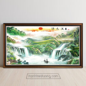 Mẫu tranh thác nước phong thuỷ đẹp sơn thuỷ hữu tình với gam màu xanh nhã nhặn