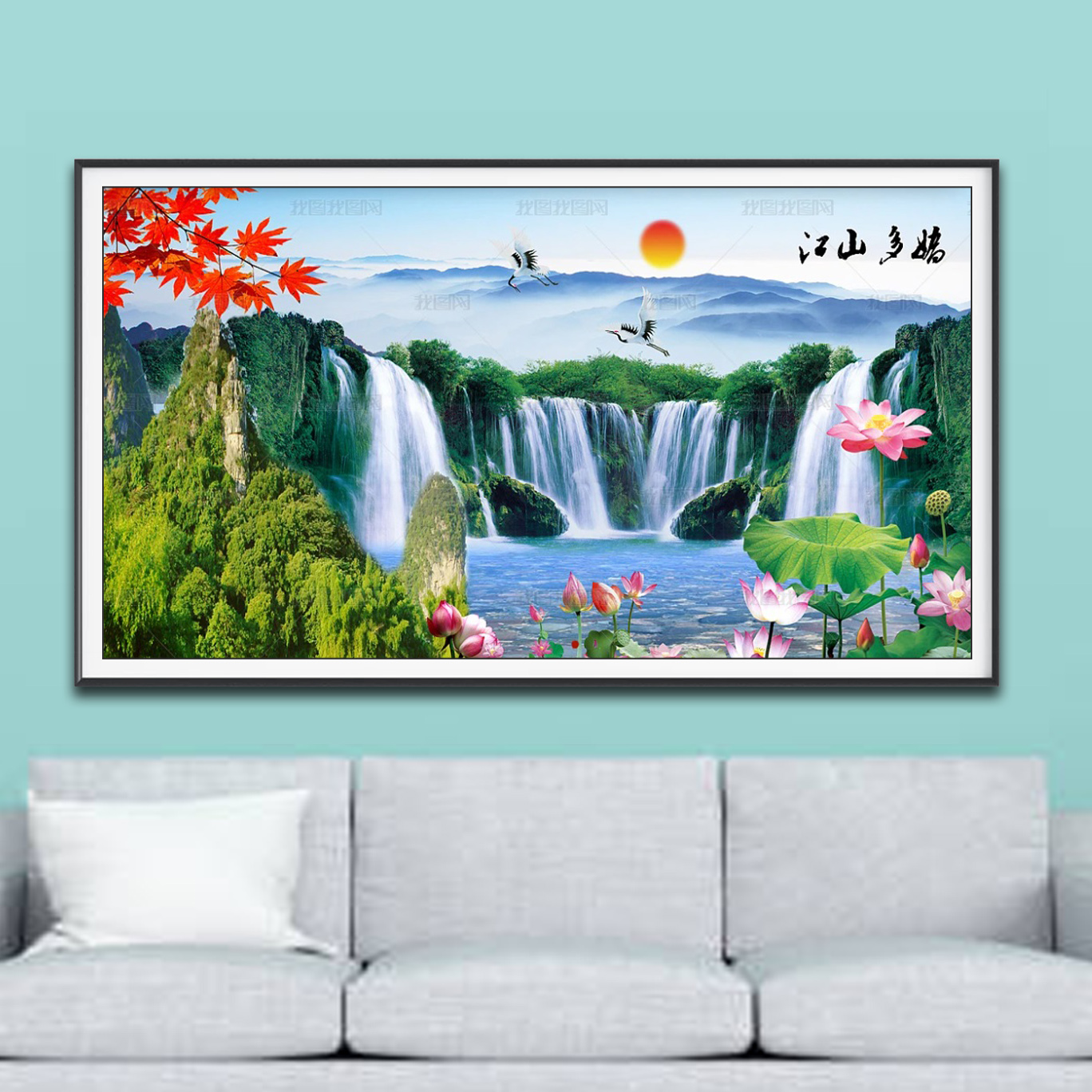Mẫu tranh phong thuỷ đẹp với thác nước chảy, núi non mây trắng, hồ nước hoa sen hồng và cành cây lá đỏ rực rỡ