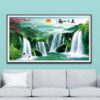 Mẫu tranh treo tường phong thuỷ thác nước đẹp, cảnh núi non cây rừng xanh và hồ nước trong lành
