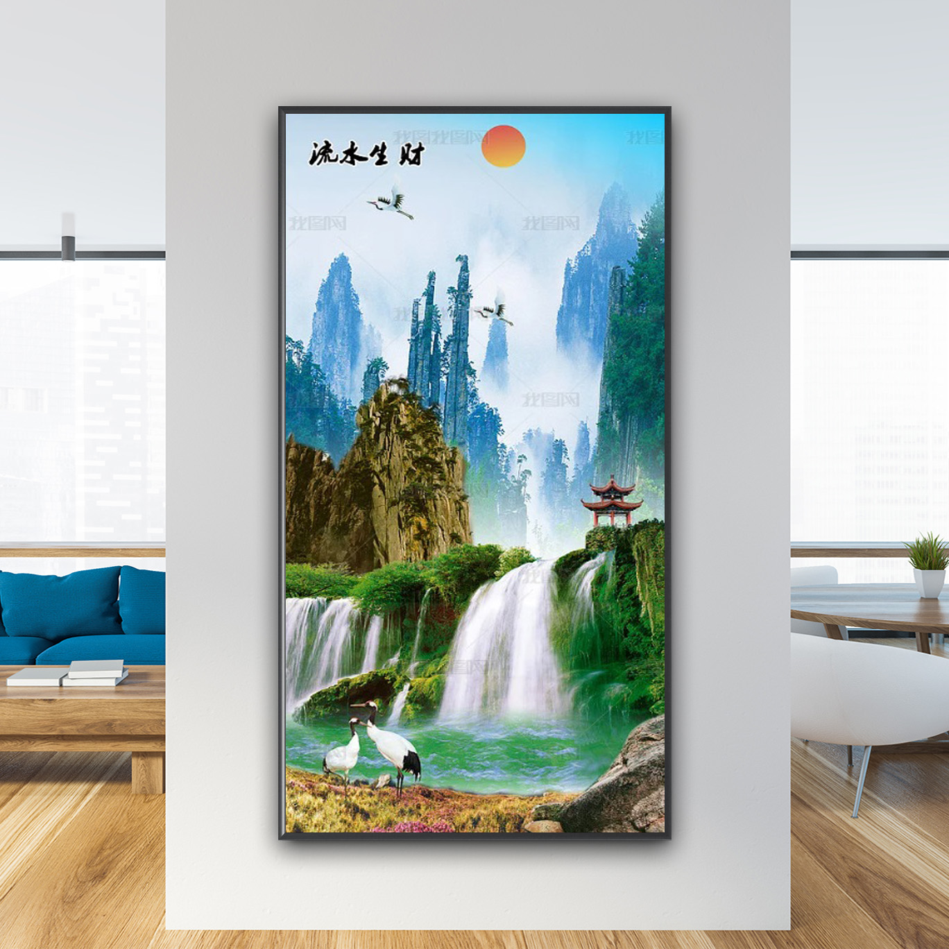 Tranh khổ dọc đẹp núi non và thác nước chảy đổ xuống hồ trong xanh, đôi chim hạc đậu và bay lượn
