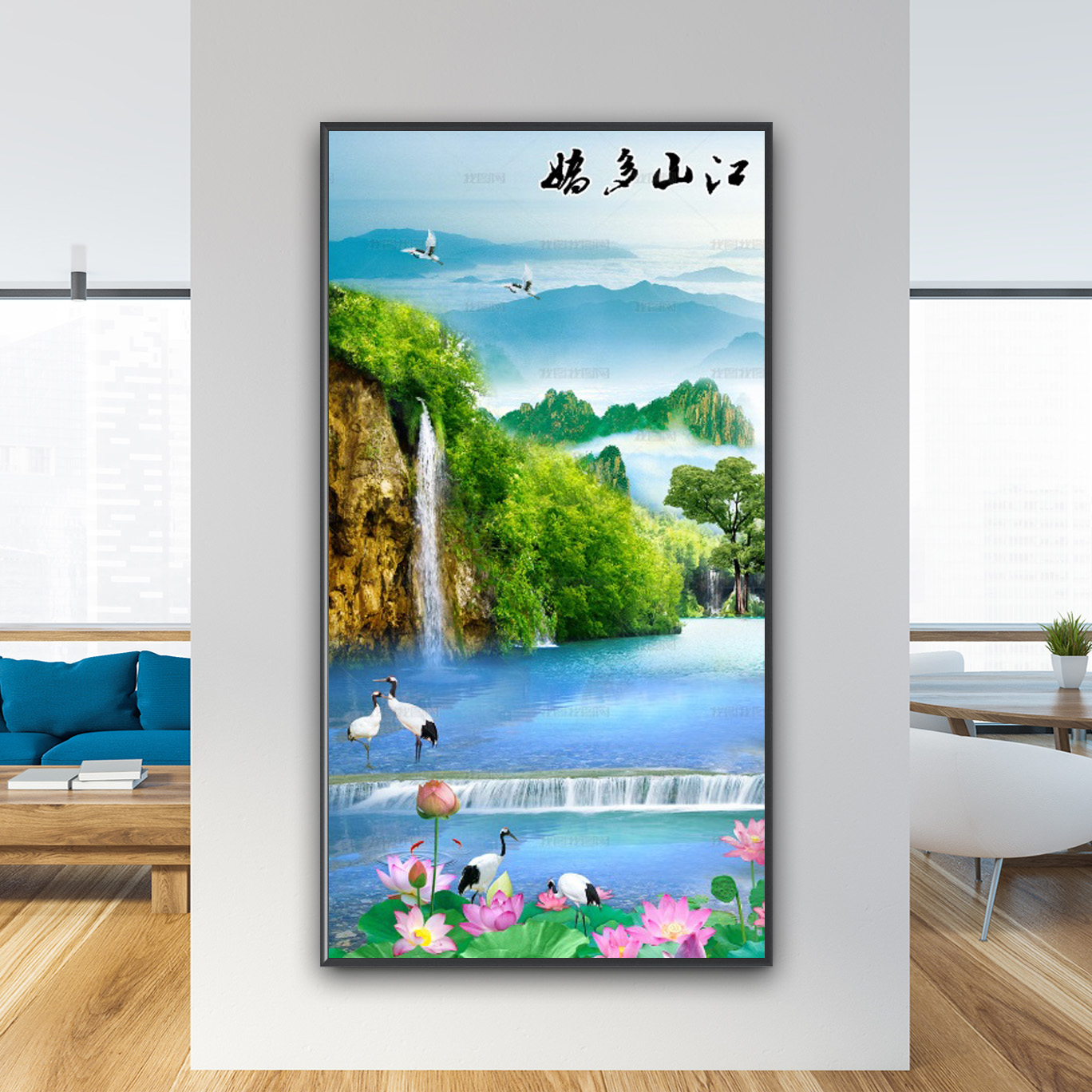 Tranh treo tường khổ dọc phong cảnh dòng thác nước chảy xuống hồ nước đẹp và hoa sen, chim hạc