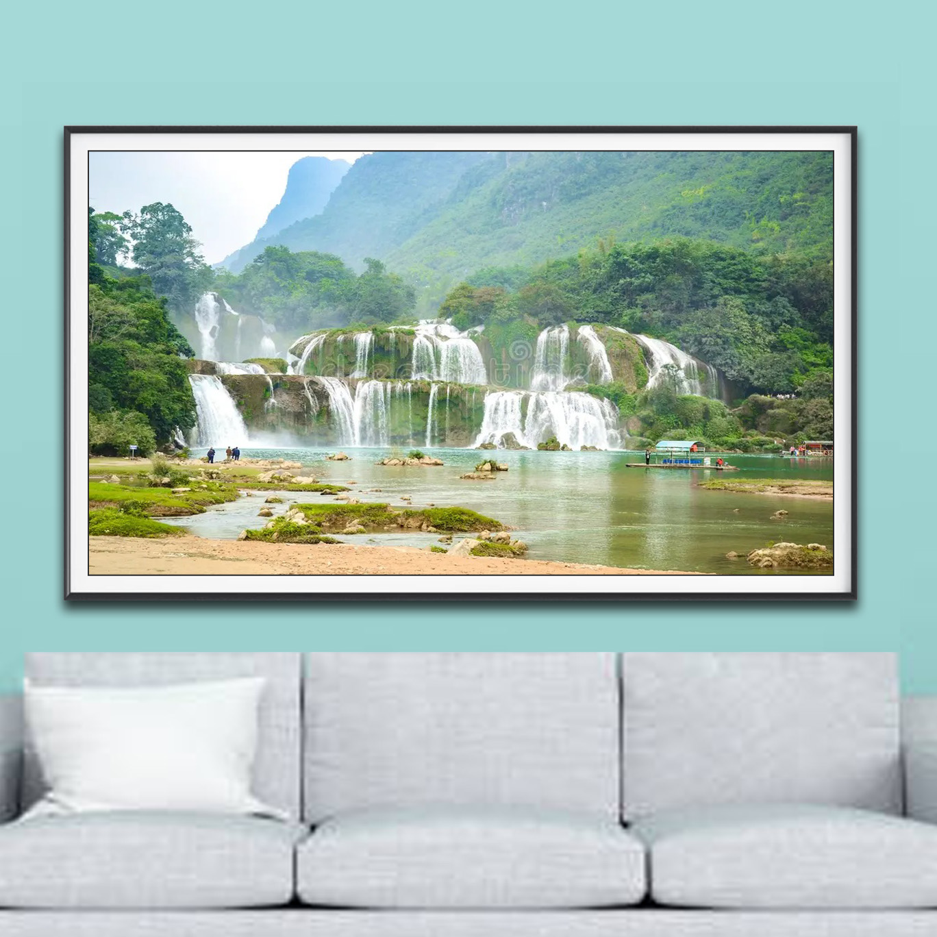 Mẫu tranh phong cảnh thác Bản Giốc đẹp với góc nhìn toàn cảnh cụm thác lớn