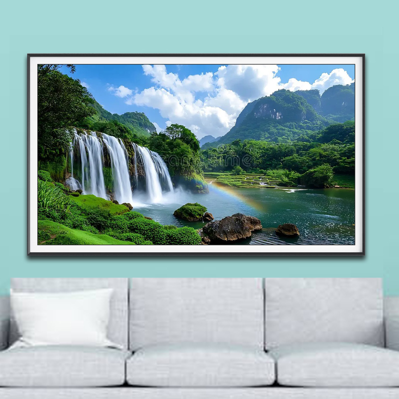 Mẫu tranh phong cảnh thác nước chảy xuống hồ đẹp có cầu vồng, núi non cây rừng xanh, trời mây trắng bồng bềnh