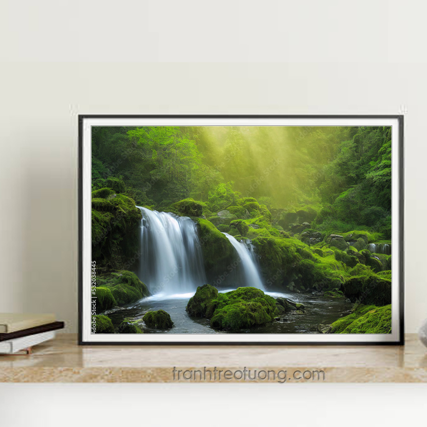 Mẫu tranh treo tường phong cảnh dòng thác nước chảy đẹp và chùm ánh nắng vàng chiếu xuống khu rừng xanh