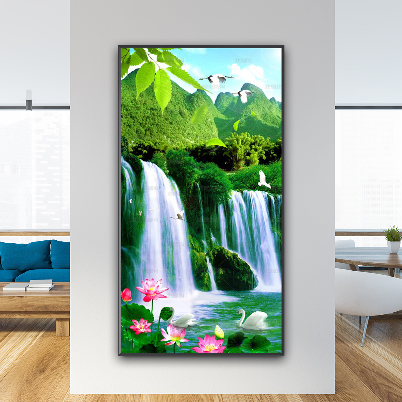 Mẫu tranh treo tường khổ dọc thác nước chảy xuống hồ sen đẹp, bên tren là núi non cây rừng xanh tươi
