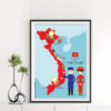 Mẫu tranh bản đồ đẹp khổ dọc hình ảnh bản đồ Việt Nam màu đỏ, có những biểu tượng du lịch nổi tiếng và thành phố lớn