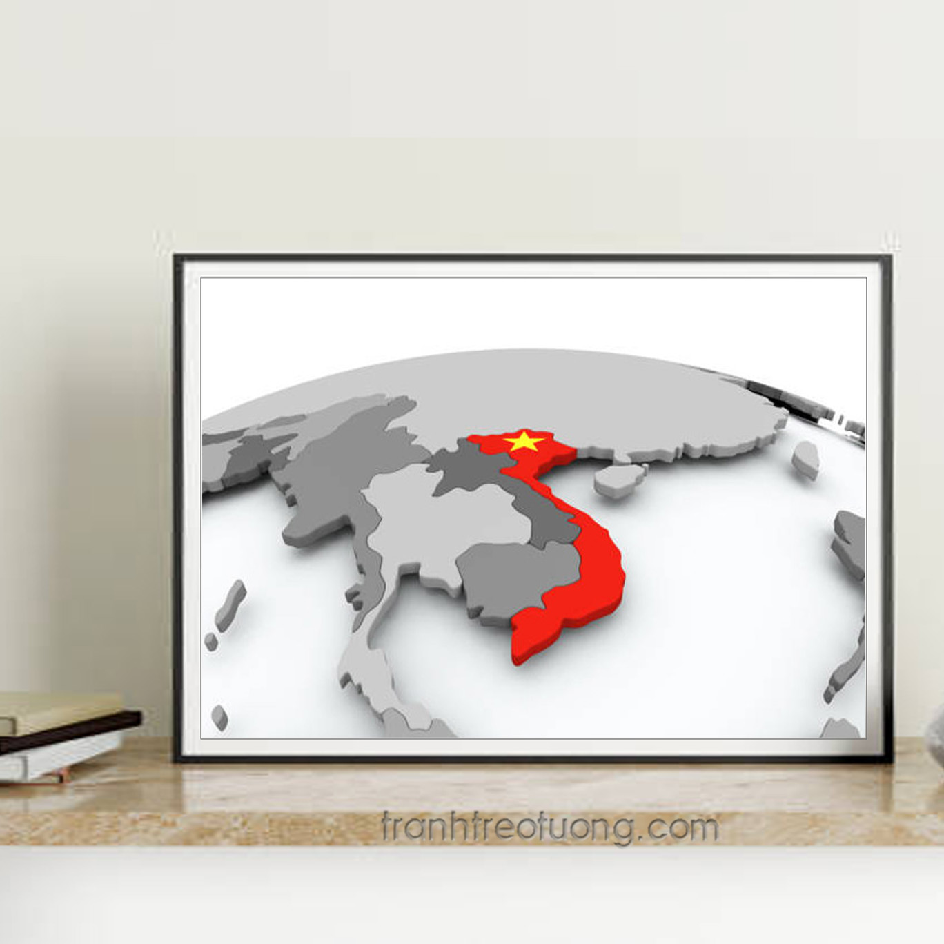 Mẫu tranh bản đồ Việt Nam đẹp khổ rộng ngang thiết kế kiểu nổi 3D với lãnh thổ màu đỏ sao vàng đánh dấu vị trí thủ đô