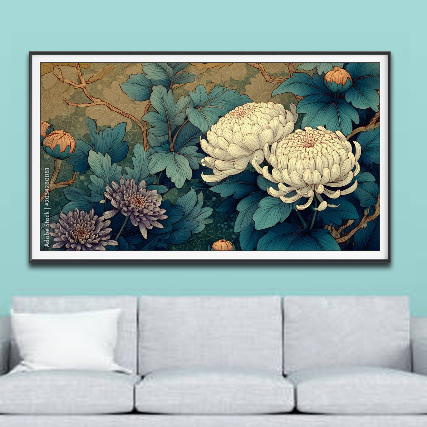 Mẫu tranh treo tường vẽ màu nước hình ảnh hoa cúc đại đoá màu trắng và tím đẹp với lá xanh nhạt