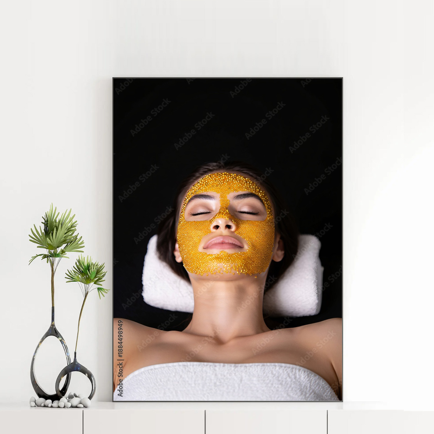 Mẫu tranh spa khổ dọc đẹp hình ảnh cô gái đẹp nằm thư giãn với mặt đắp mặt nạ dưỡng da màu vàng