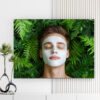 Mẫu tranh spa đẹp hình ảnh cô gái đẹp đắp mặt nạ dưỡng da với nền lá cây xanh xung quanh