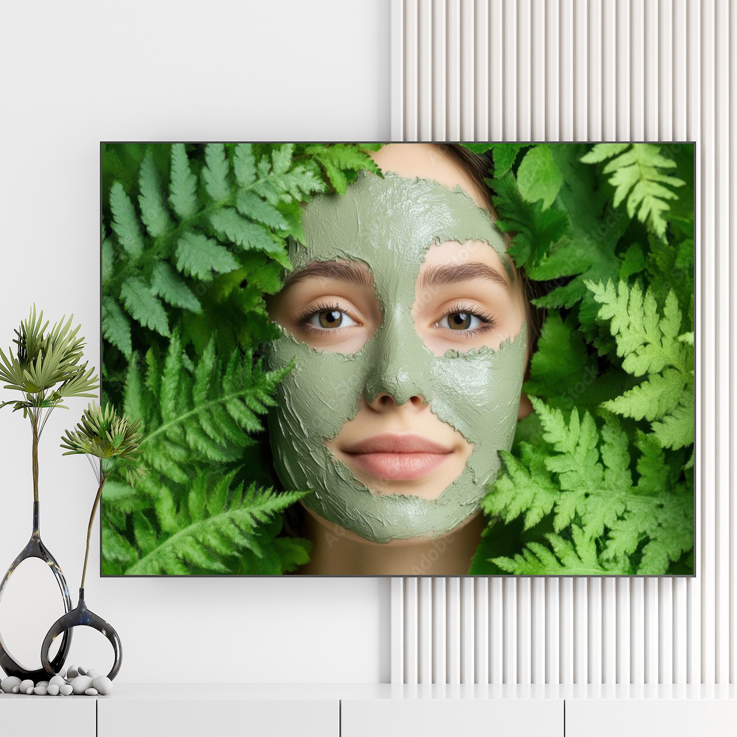 Mẫu tranh spa đẹp hình ảnh khuôn mặt cô gái bôi kem bùn dưỡng da với nền lá xanh xung quanh